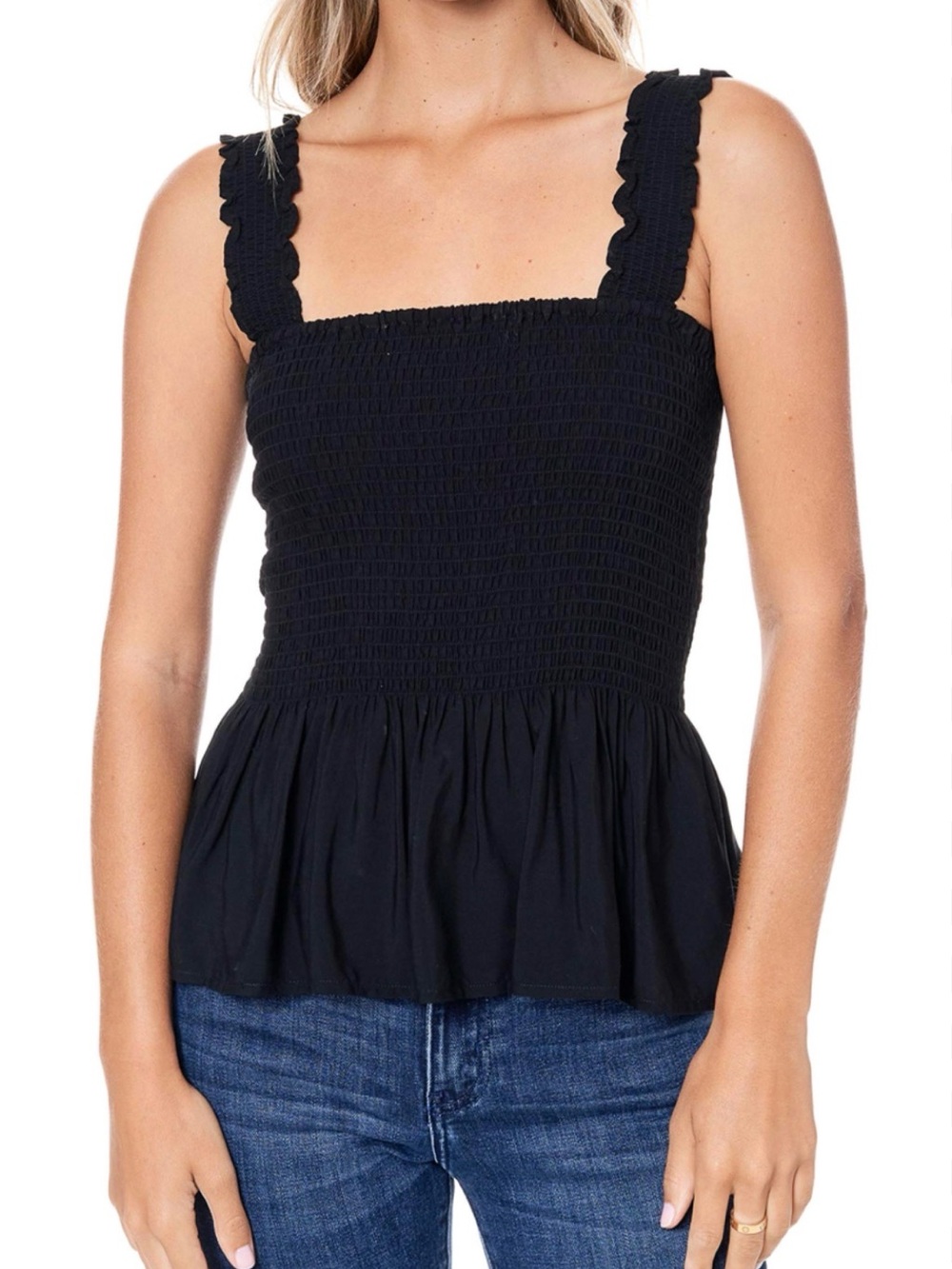 Smocked Square Neck Peplum Tank Top - Black